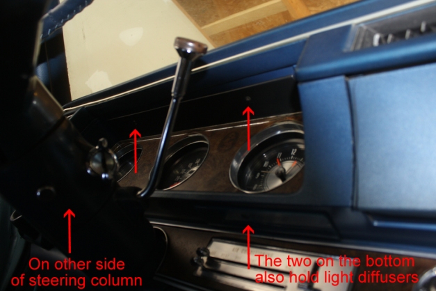 Screw location, instrument panel trim, 1970 Cutlass Supreme.